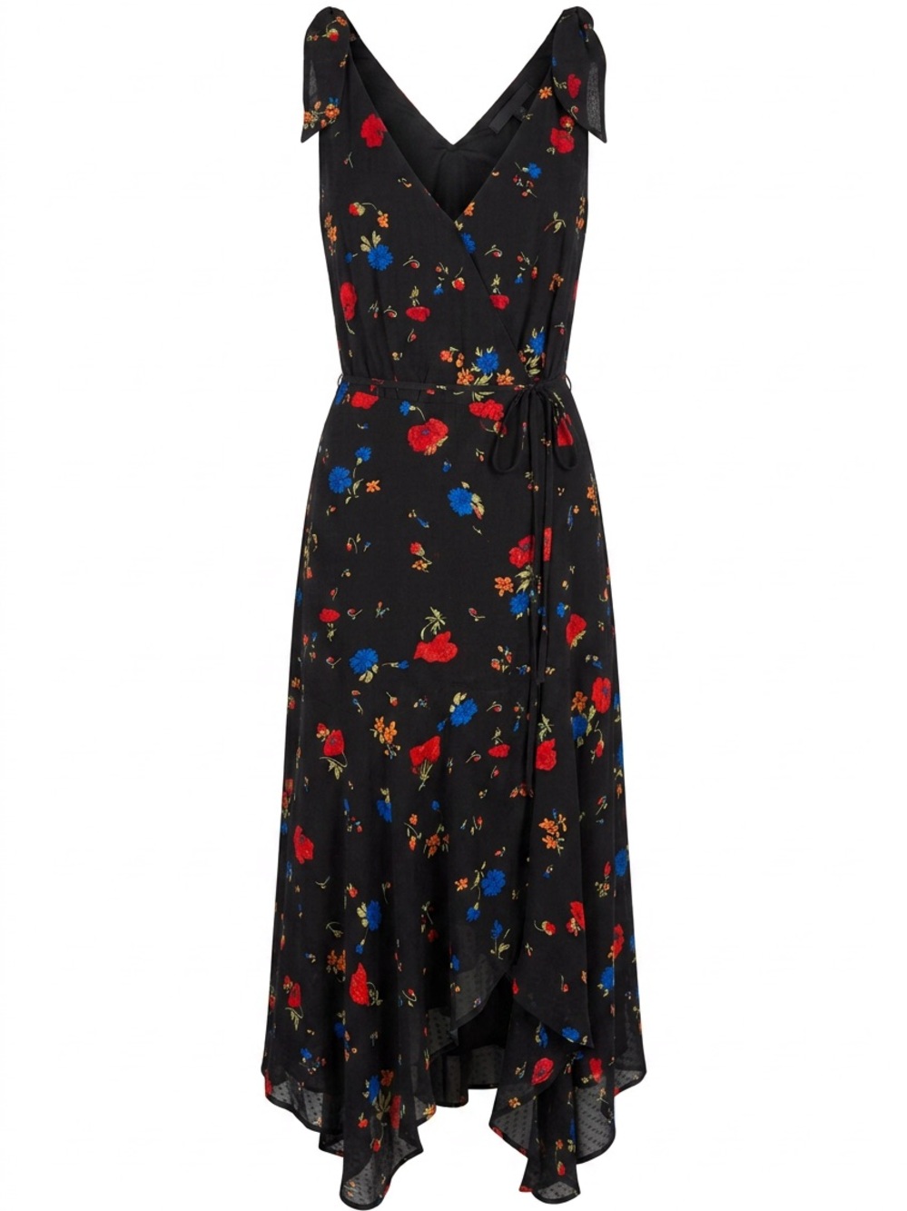 The Kooples Black Floral Wrap Dress with Asymmetrical Hem